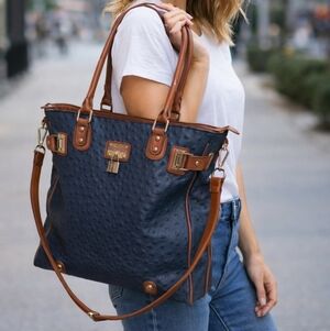 Street Level Faux Ostrich Leather Tote/Purse Navy/Brown